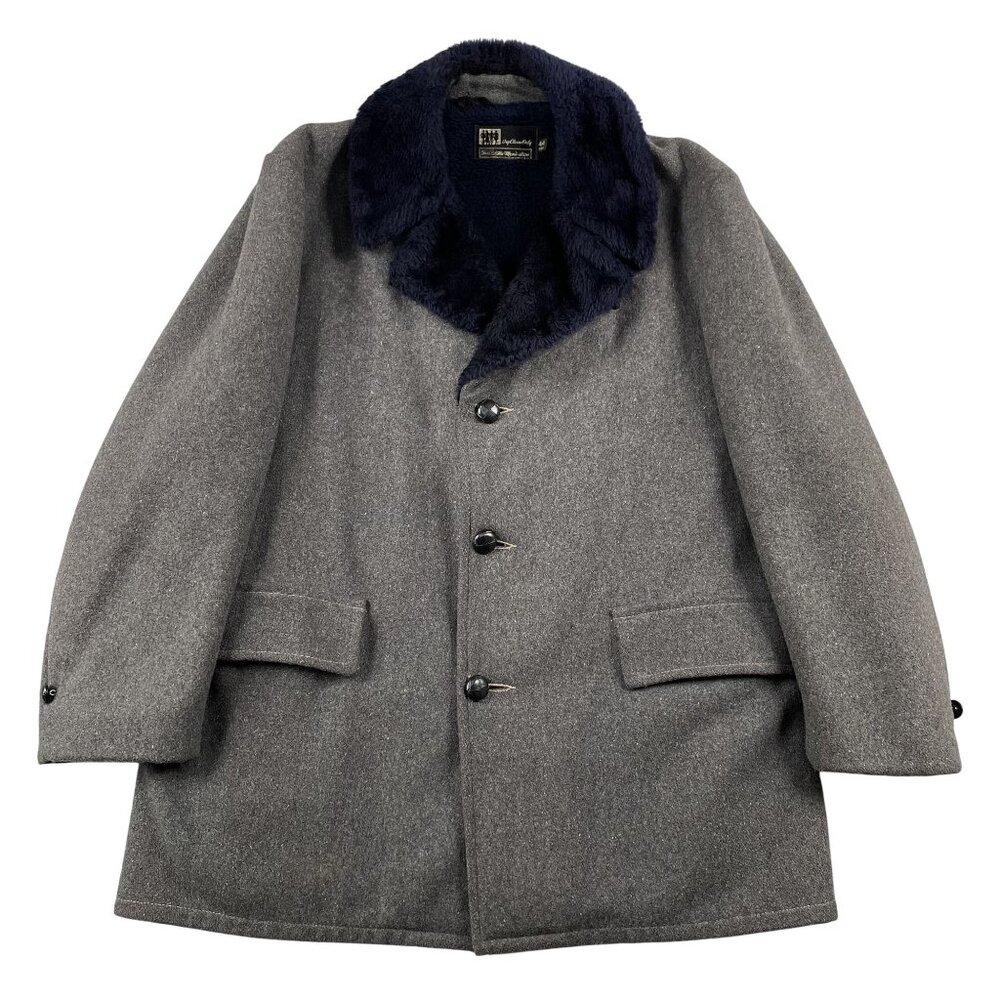 VTG Sears Peacoat Mens‎ 44R Grey Faux Fur Collar Winter Overcoat